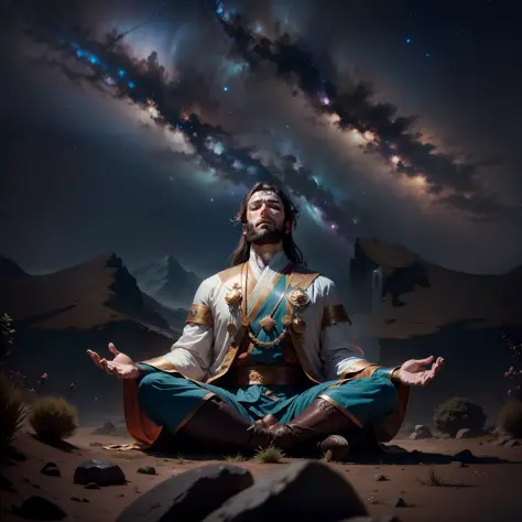 frontal view, natural light, Joshua meditating in the wilderness, brown beard, closed eyes, lotus position, night, focus on hist...