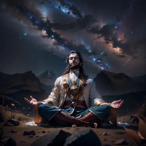 frontal view, natural light, Joshua meditating in the wilderness, brown beard, lotus position, night, focus on historical clothi...