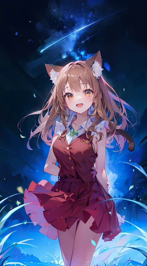 1girl ,brown hair ,brown eyes ,cat ears ,cat tail ,red skirt ,big breasts ,happy ,stars background ,meteor ,grass