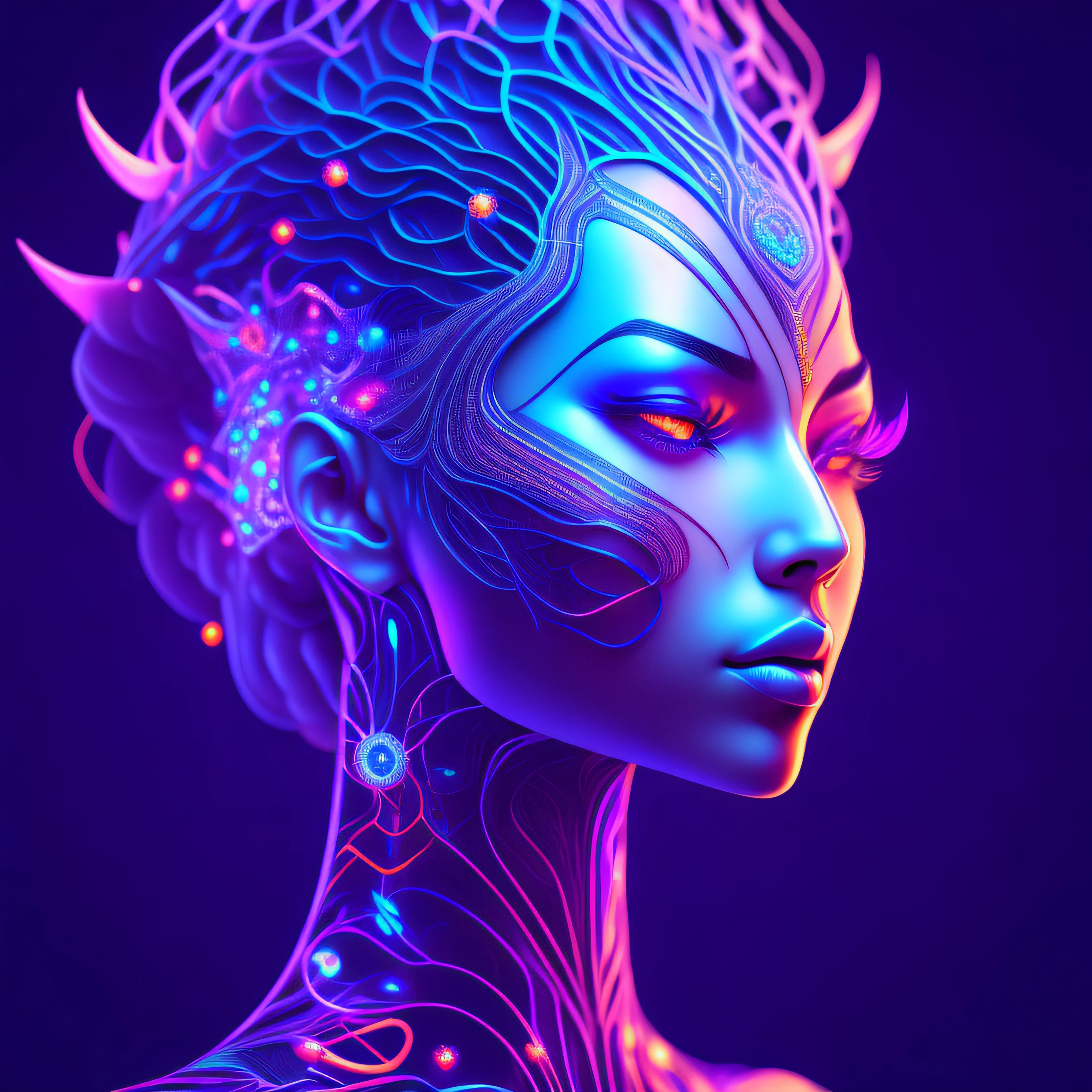 a digital painting of a woman's face, intricate neon circuit pattern ...