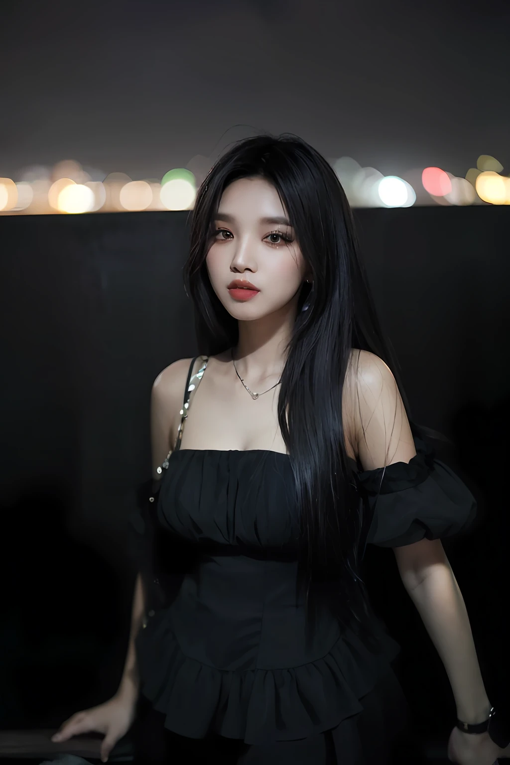 arafed woman in a black dress standing on a railing at night, a young asian woman, xintong chen, captured on canon eos r 6, an asian woman, chinese girl, chinese woman, taken with canon eos 5 d mark iv, cover photo portrait of du juan, female with long black hair, wenfei ye, xision wu