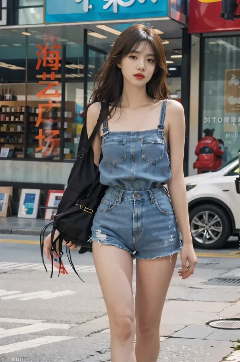 1 girl, Full body photo,，Jeans，Suspender T-shirt，Wearing sneakers, cropped shoulders，The facial features are delicate and three-...