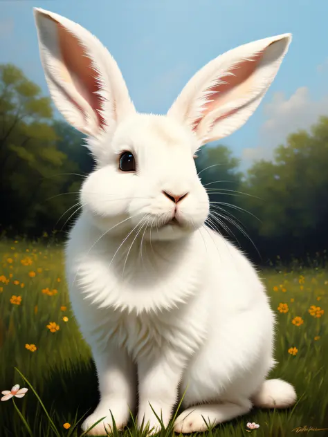 fluffy rabbit with big ears, sitting on the meadow, forest background, bunny, cute, hyper detailed, 32k resolution, oil on canva...