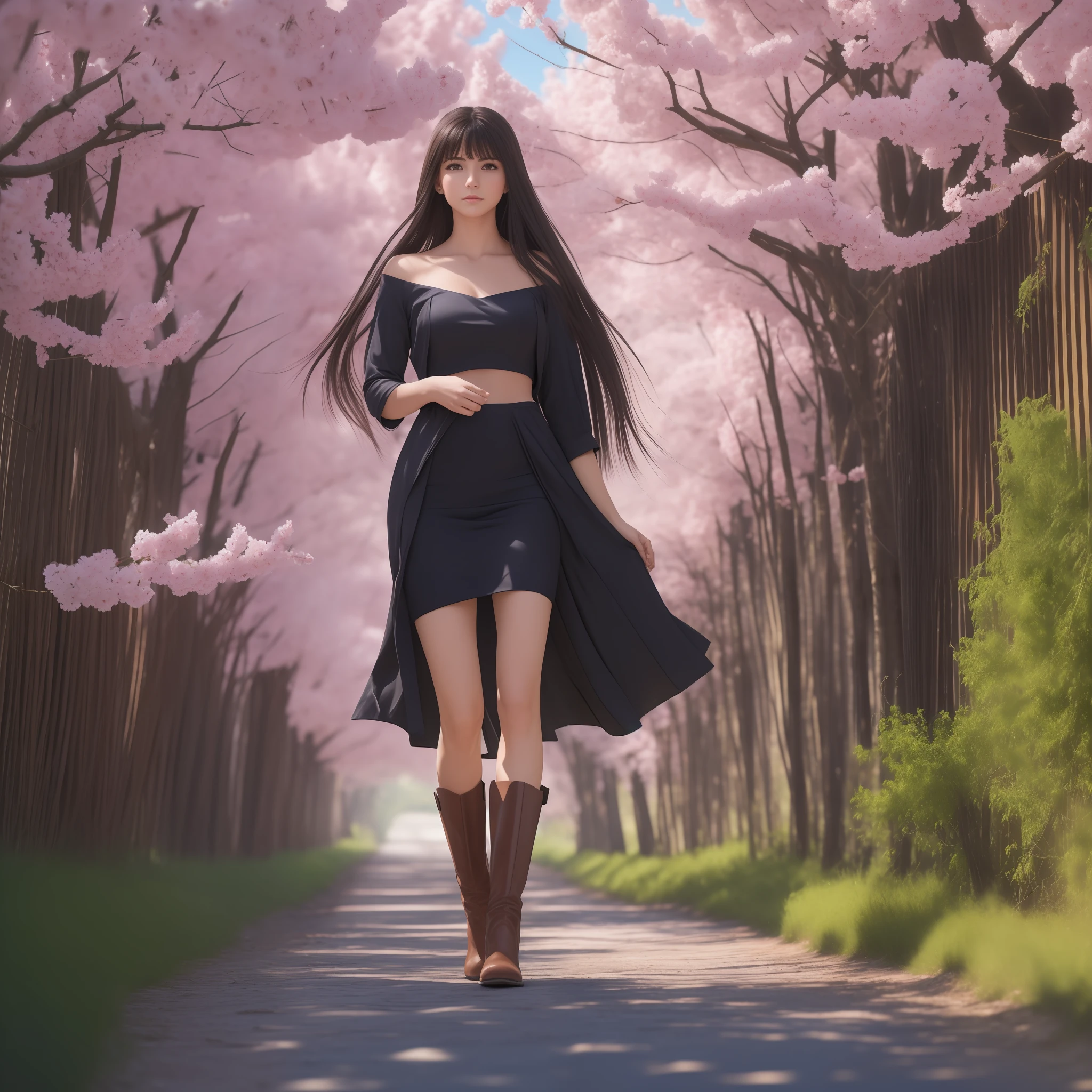 a 20-year-old girl surrounded by cherry trees, Cherry Blossom, hot with bright sun,
Whole body, 
sunlight,
from below,
(((long hair))),
hair (smooth flat),
horsetail hair,

choker,
gigantic breasts:1.2,
disparo de Whole body,

(8k, RAW photo: 1.2), (HdR: 1.2), (shallow focus:  1.4), (sharp focus: 1.4),
without bra,
dress, silver,
(camel toe, camel toe, in form of,
(mascara),
feet submerged in the river,
(long boots, High heels),
(masterpiece, Best Quality), sthe highest qualit, cinematiclight, 4k