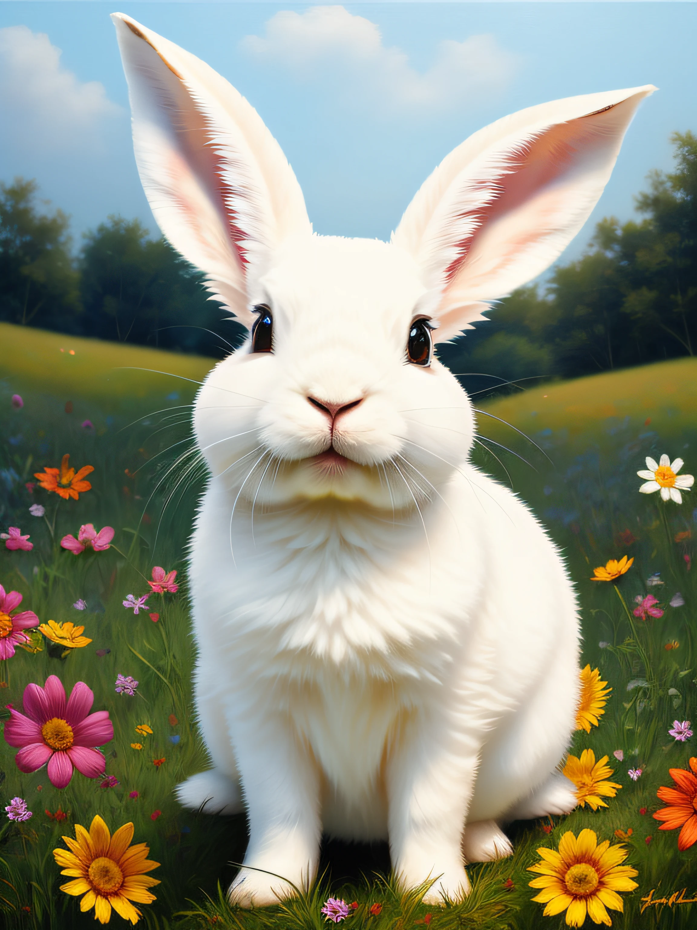 fluffy rabbit with big ears, sitting on the meadow, forest background, bunny, cute, hyper detailed, 32k resolution, oil on canvas