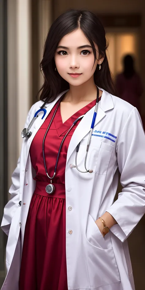 a girl doctor，one-girl，Concerned eyes，ssmile，mischievous，Be red in the face，exquisite detailing，Realiy，Detail portrayal，Light，full bodyesbian，offcial dress，Reflective skin，4k，