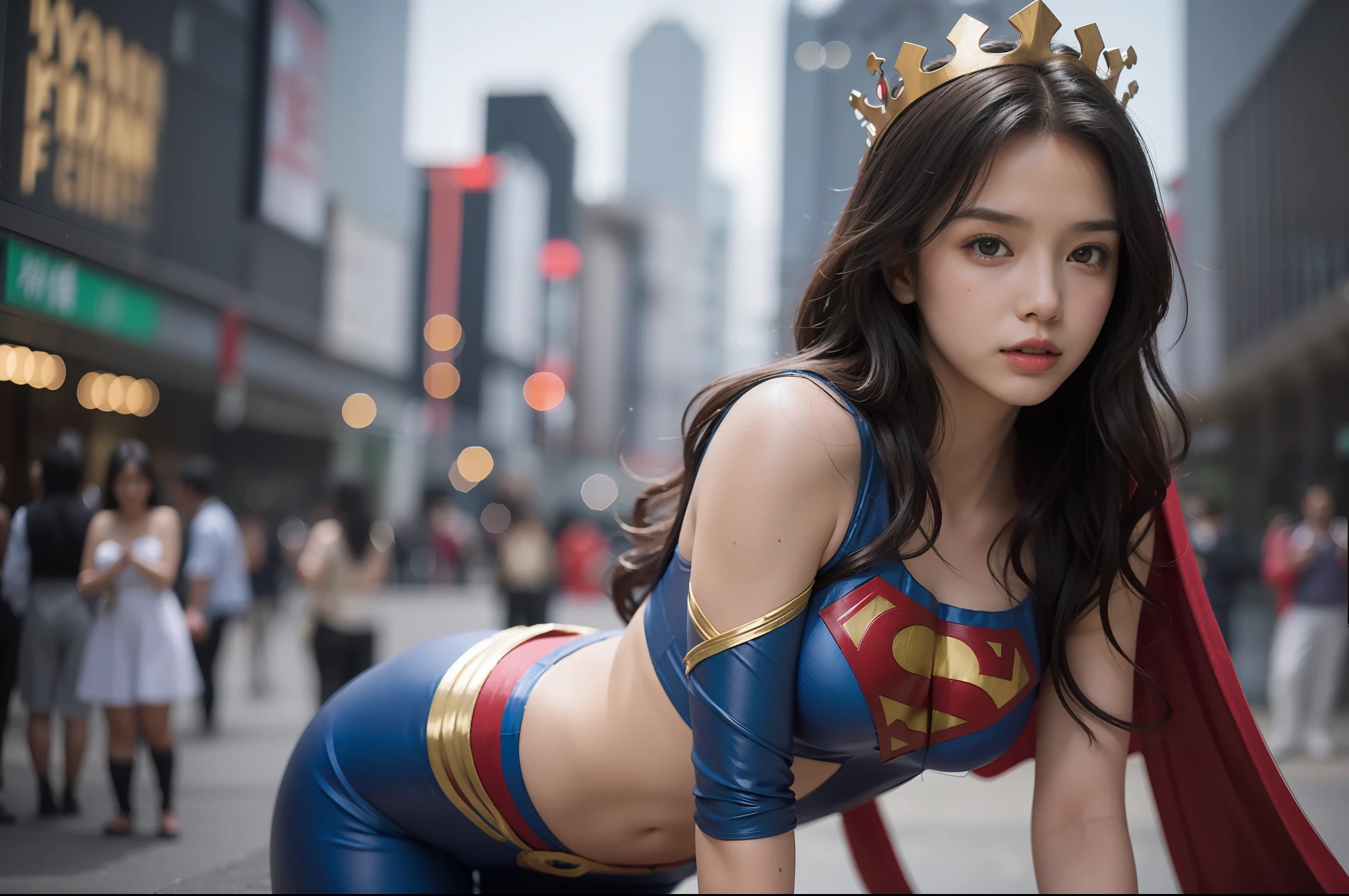 Extremely beautiful， RAW photogr， Cinematic lighting effects，A high resolution, 1 girl in a superhero costume,20yr old, Extremely detailed eye clarity ，Detailed skins，Realistic skin texture，Real skin texture，Highly Detailed Face and Skin Textur，Loose hair，A coquettish expression，Small head,Bigchest，broad shoulder，Small round buttocks，Small head, Slender thighs,Long curly black hair，Wear a close-fitting Super Girl bandeau sleeveless jumpsuit sexy tights,Exposing thighs,Super girl boots, Super Girl Golden Crown, Red and blue mixed color scheme，Superman logo on chest， Red cape,The girl is on the left side of the picture,Background Akihabara building，Beautiful and detailed background，真实感：1.3，ambient lights：1，Ultra photo realsisim， Photo realism，Real human photos，High-quality photos,Hyperrealistic,cinmatic lighting，Kodak Visual Color，Add noise:0.2, Standard 3D perspective,Deep depth of field,super-hero girl, The girl's body stays in mid-air,Ultra-far wide-angle lens,Low viewing angle,Seductive pose:0.7,Provocative expressions:1,dynamicposes：0.8，（crowd of：1.2），