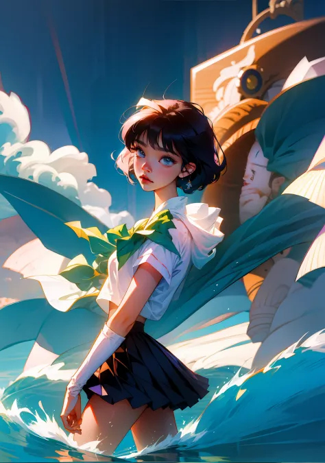 a photo of a woman in a blue uniform is standing in the water, water, por rumiko takahashi, por naoko takeuchi, umi ryuzaki, mag...