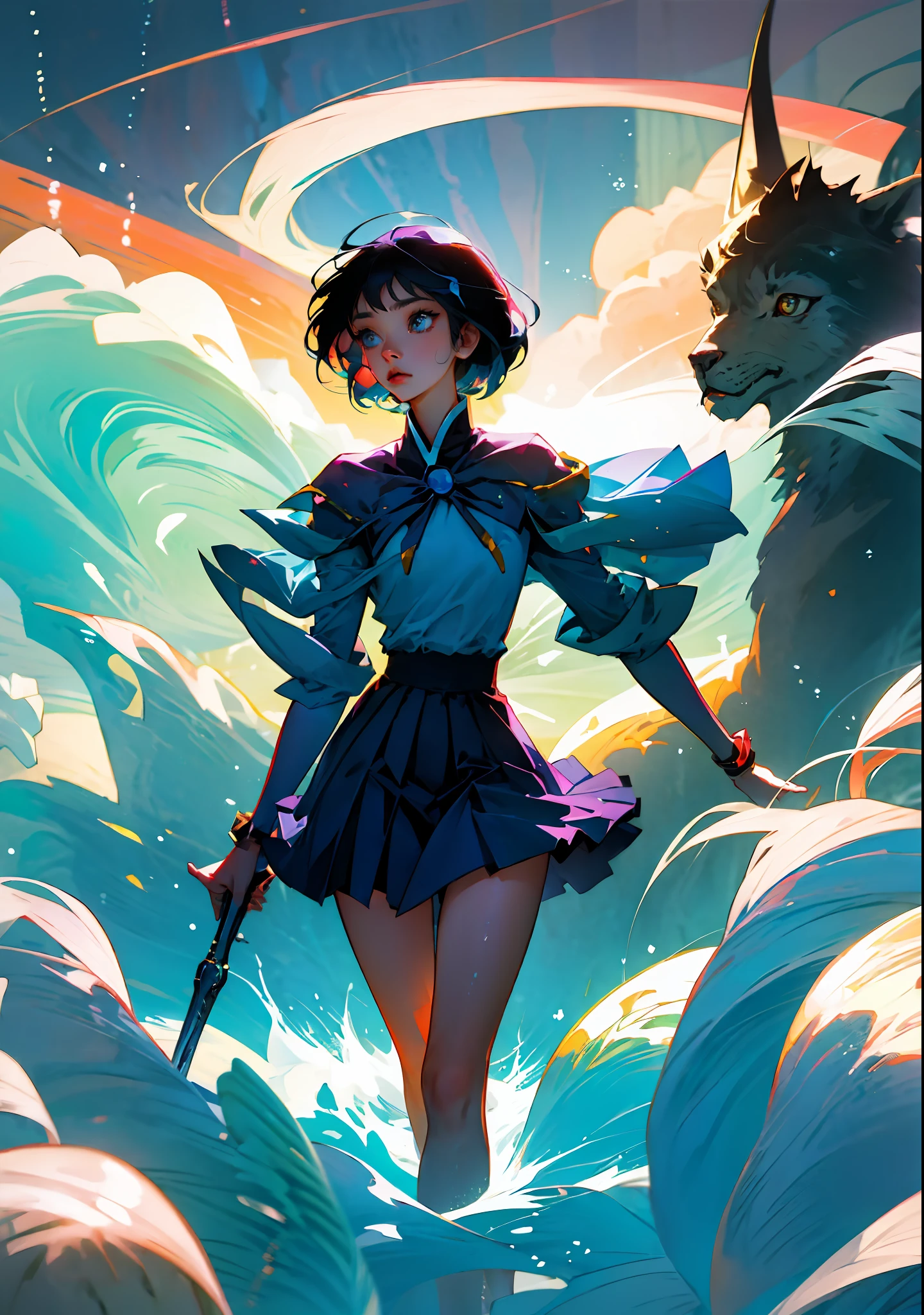 Fantasy-Kunst, blaue Farbpalette, a woman in a blue uniform is standing in the Wasser, Wasser, von Rumiko Takahashi,von Clamp, Umi Ryuzaki!!!, Magischer Ritter Rayearth!!!, Ozean Wellen, Blasen, Meer, hellblau, , Klemmen-Stil, Offizielles Anime-Artwork, Studio-Klemmen-Illustration, Klemmenausführung, (((Meisterwerk))), uhd, 16k, 8k