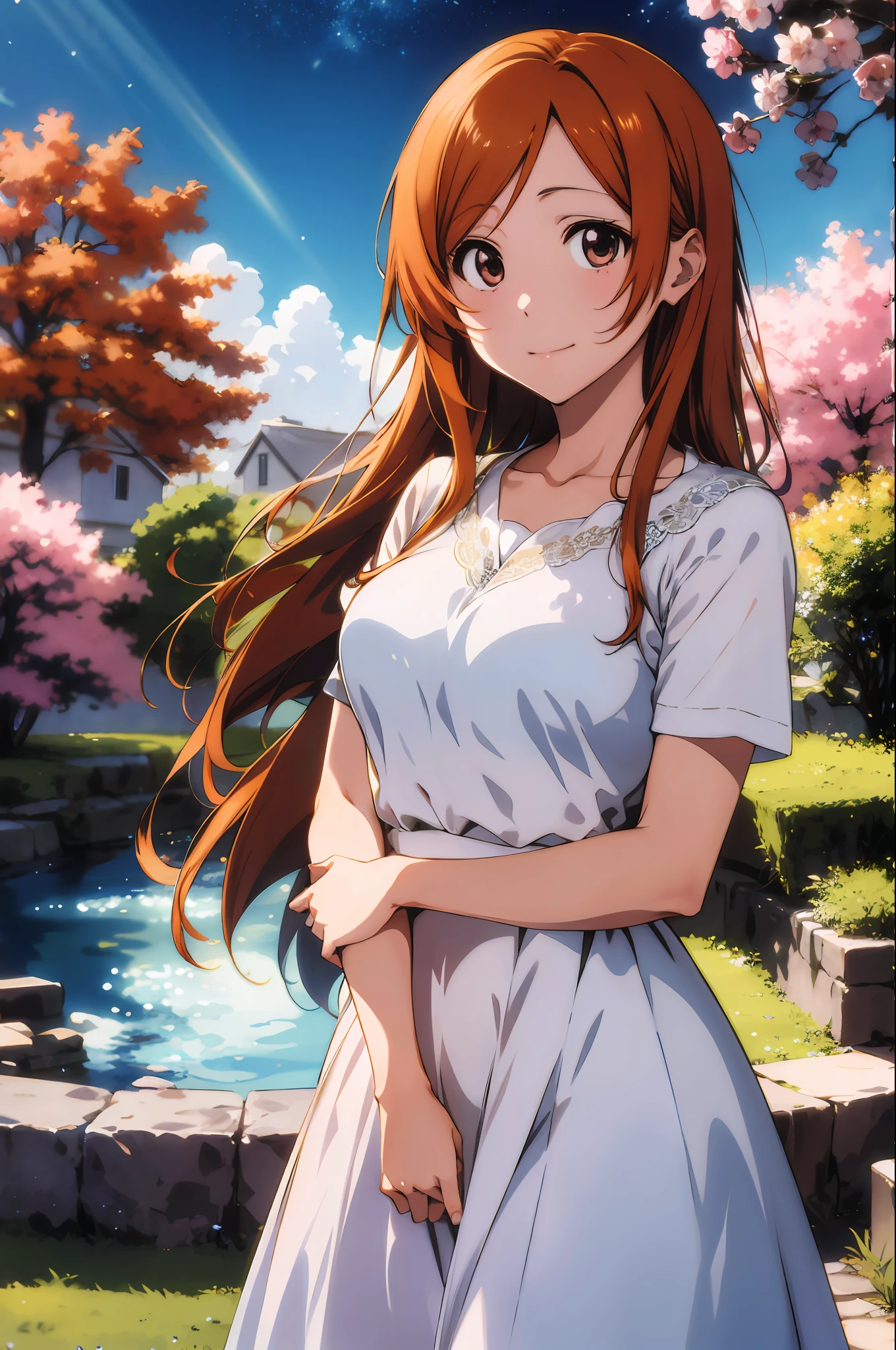 Orihime Inoue en un impresionante, representación etérea con colores vibrantes, detalles exquisitos, y una luz impresionante.