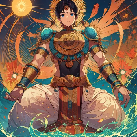 Surya, the Hindu god of the sun, 4 arms, black hair, blue eyes, male, short hair, hair buns