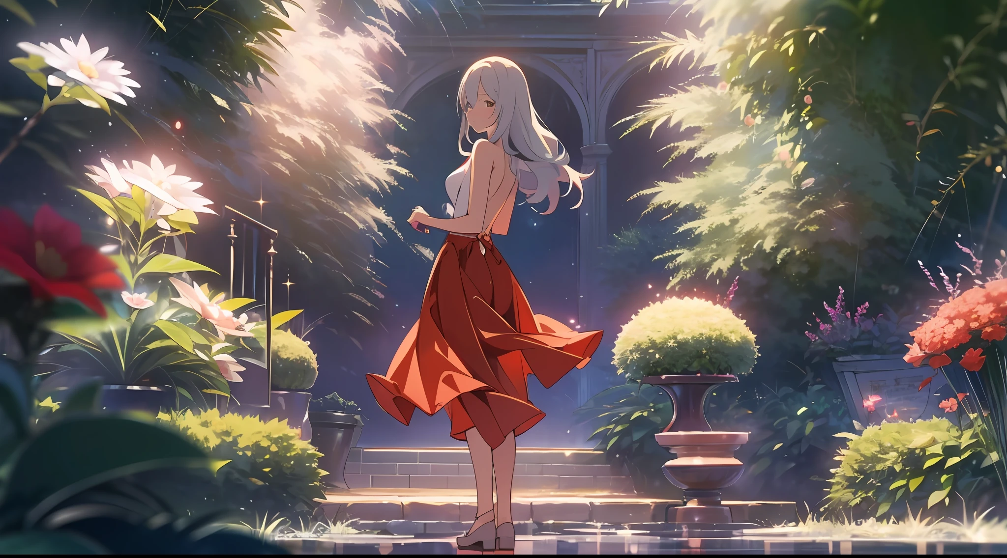 UHD, masterpiece, high details, high quality, best quality, 8k,The Garden of Words,1 girl,solo,full body, (red long skirt:1.2), (Look back at the viewer:1.3), (Bare back:1.2), Eau, inverted image, long whitr hair, shy, cinematic lighting, ray tracing