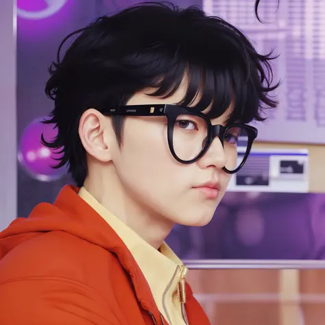A boy, sunglasses, handsome, asian, school boy, black hair, mullet haircut, perfect quality, clear focus, korean, (masterpiece: ...