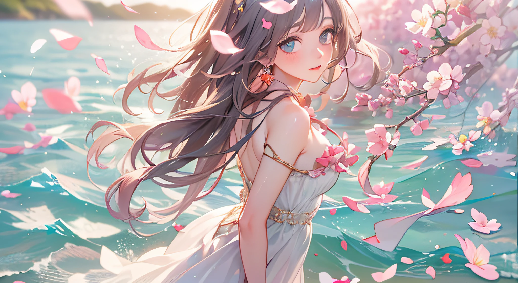 anime girl in a dress standing in the water with flowers, beautiful anime, beautiful anime girl, beautiful anime artwork, beautiful anime portrait, beautiful anime art, detailed digital anime art, anime style 4 k, guweiz on pixiv artstation, cute anime waifu in a nice dress, beautiful anime woman, anime art wallpaper 4 k, anime art wallpaper 4k