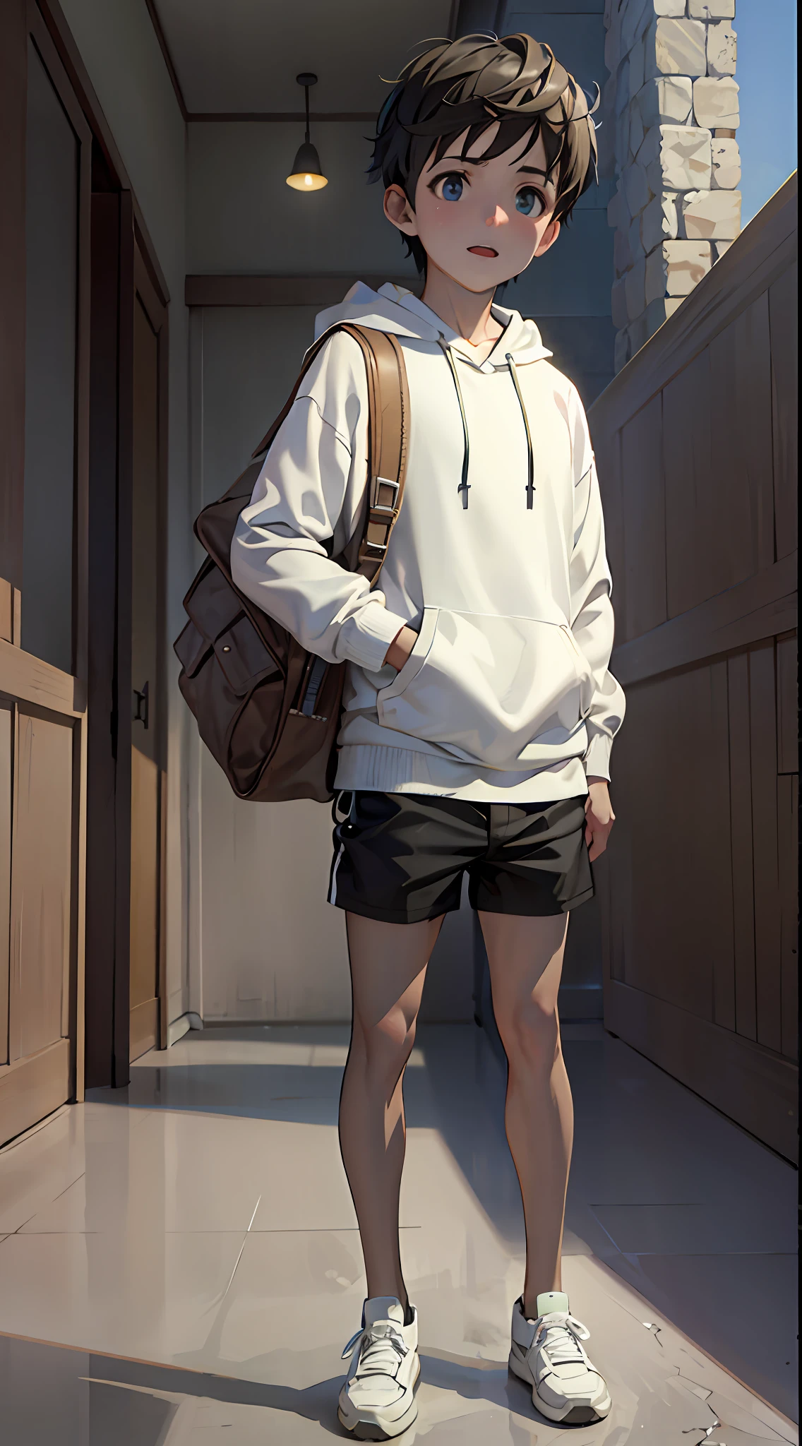 There's a boy standing in a hallway with a backpack, Roupas realistas, realistic afternoon lighting, Estilo de anime 3D realista, 3 d anime realista, Roupas realistas, Estilo de arte realista, estilo hiper realista, semi-realistic rendering, Art not Guweiz style, jovem homem de anime, Makoto Shinkai. octan render, realistic soft lighting