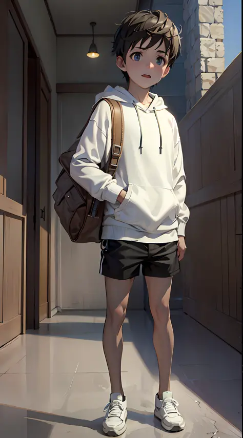 there's a boy standing in a hallway with a backpack, roupas realistas, realistic afternoon lighting, estilo de anime 3d realista...