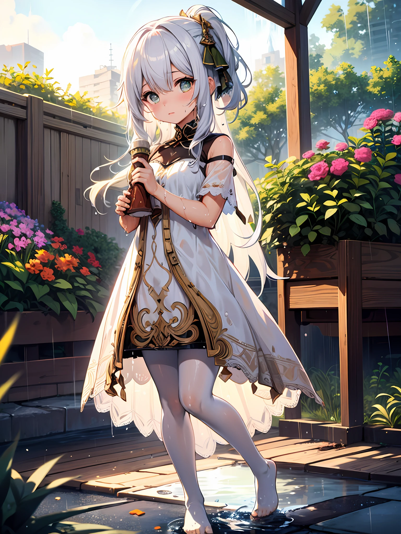 ((Best Quality, 8K, Masterpiece: 1.3)), {{Masterpiece}}, Illustration, Best Quality, Extremely Detailed CG Unity 8k wallpaper, 1girl_solo, full_body, from_below, looking_at_viewer, looking_down, (White pantyhose: 1.3), (Without shoes: 1.3), white hair,  (exposed dress:1.3), hair_ribbon, Strong edge light, garden, flowers, rain, clothes splash, (wet clothes:1.5),