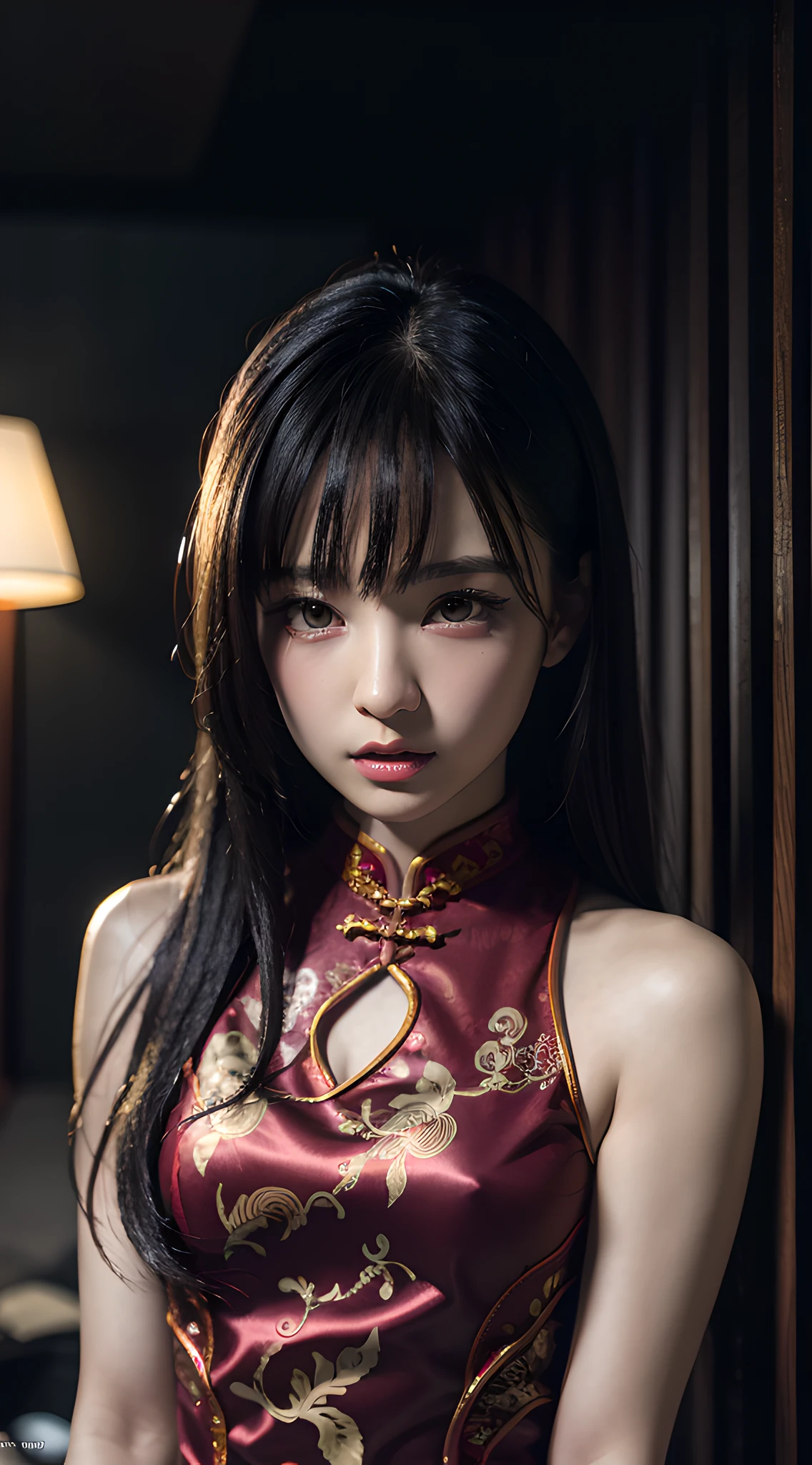 dark theme, (red tight cheongsam, detailed printed:1.3), (masterpiece, best quality:1.5), beautiful girl, upper body, 8k, official art, raw photo, teen, incredibly absurdres, violaceaess, gardenia, cinch waist, indoor, looking at viewer, film grain, chromatic aberration, sharp focus, (facelight, dynamic lighting, cinematic lighting:1.1), detailed eyes and face, bokeh background
