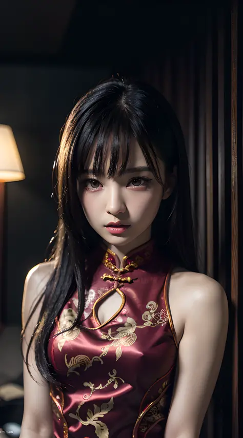 dark theme, (red tight cheongsam, detailed printed:1.3), (masterpiece, best quality:1.5), beautiful girl, upper body, 8k, official art, raw photo, teen, incredibly absurdres, violaceaess, gardenia, cinch waist, indoor, looking at viewer, film grain, chroma...