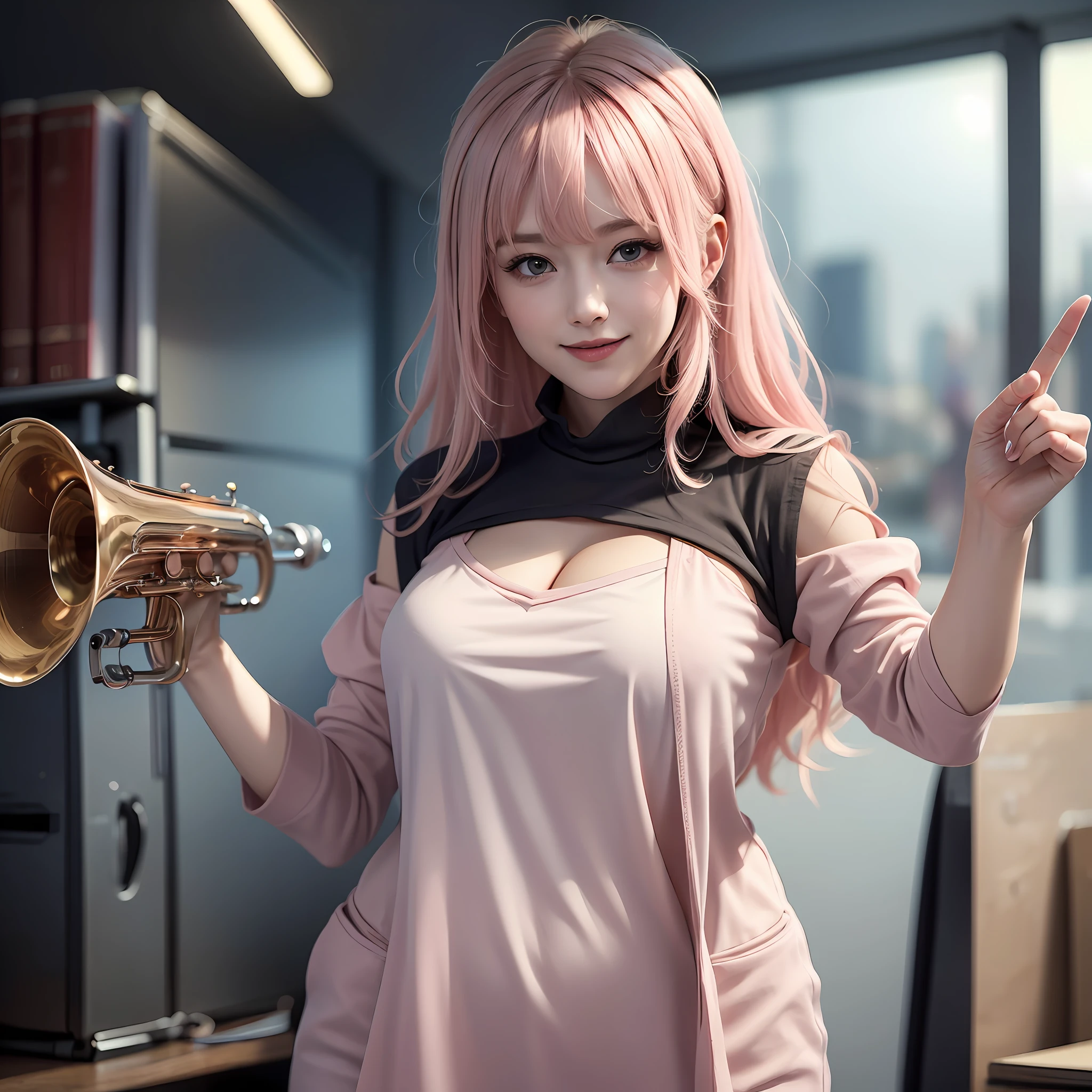 ((masterpiece, best)),(1girl),((mature woman)), light pink hair, dizzy, trumpet, ((office lady)), bangs, mid-chest, (full), slim, smiling, [wide hips] ,office,standing, aru \(blue archive\), --auto