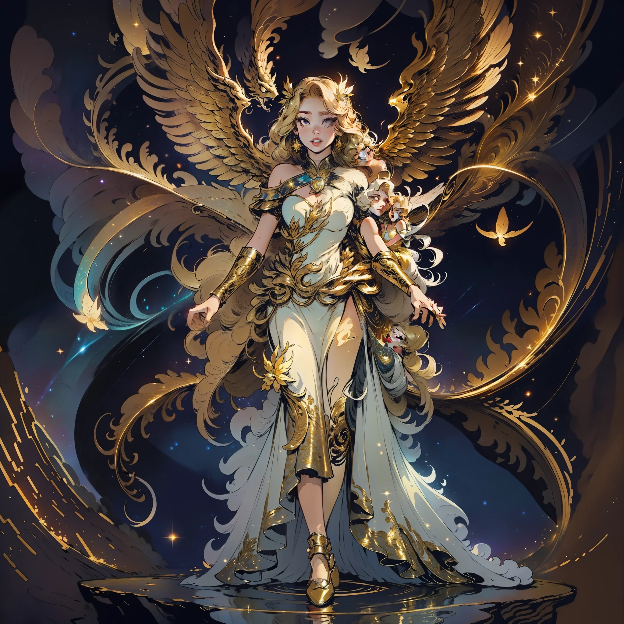 A blonde woman，Spread your wings on your back，Standing in the night scene illuminated by soft lighting。She was dressed in a golden flowing dress，Mingle with the starlight。