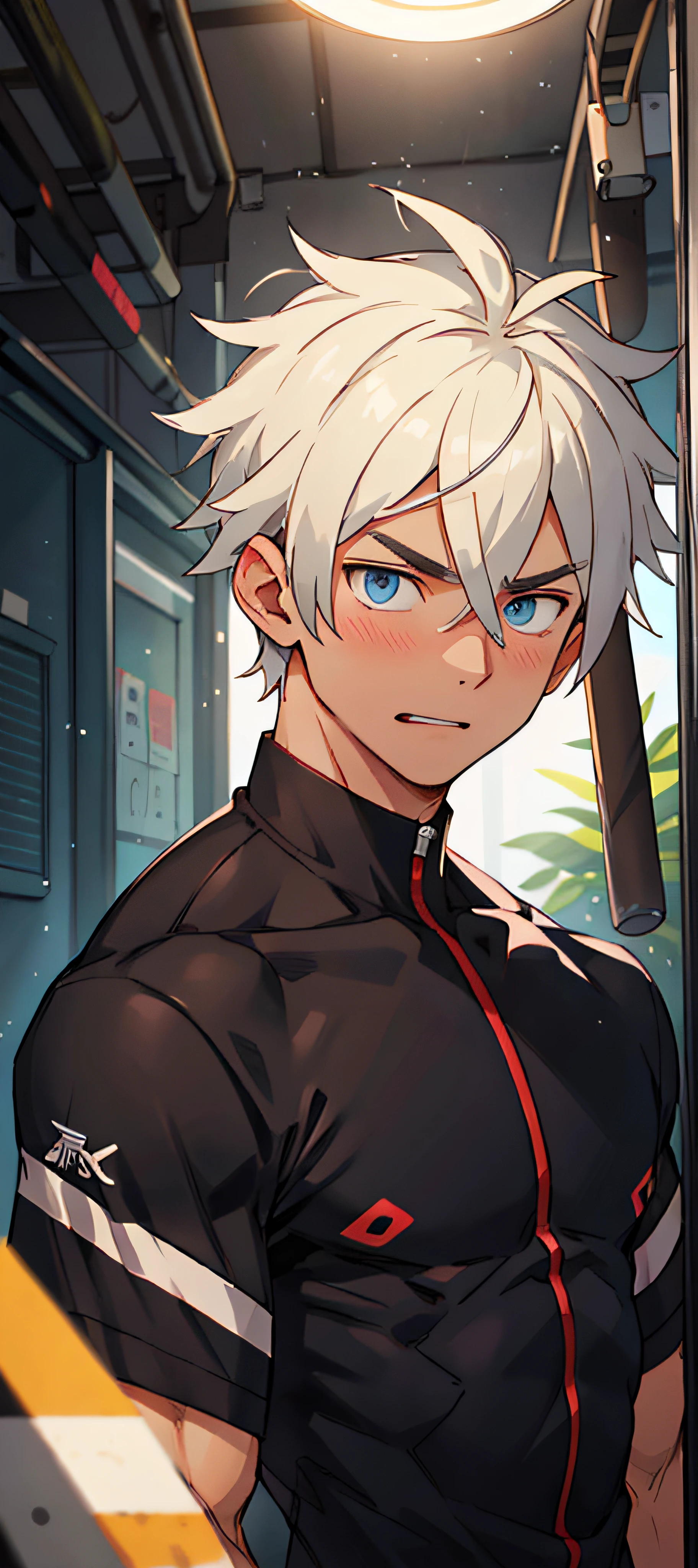 Anime guy with white hair and blue eyes standing in a room - SeaArt AI