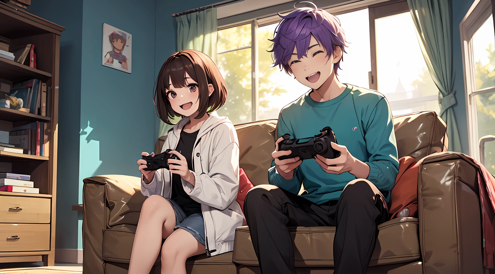 Boy with purple hair and girl with brown hair、great laughter、Video games together、sofas、DVR、relax vibe、high-level image quality、A delightful、controller、Playing、Deformed