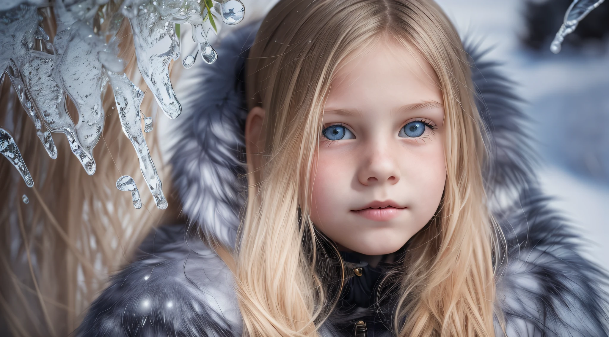 10 year old girl Russian child with long hair BLONDE, PORTRAIT, BLACK FUR COAT, ICE, ICE, LOTS OF ICE,