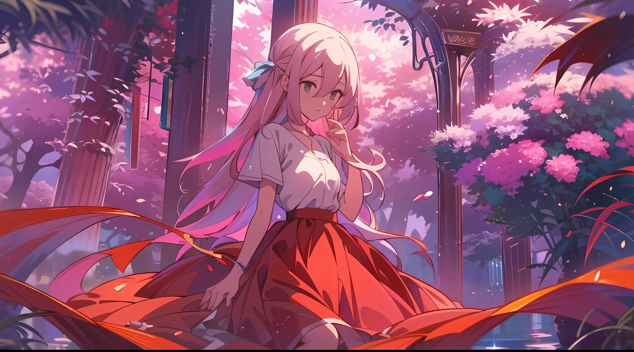 hyper HD, Masterpiece, High details, High quality, Best quality, 8K,The Garden of Words,1 girl,Solo,full body, (red long skirt:1.2), (Eau:1.2), (inverted image:1.2), long whitr hair, Shy, Cinematic lighting, Ray tracing