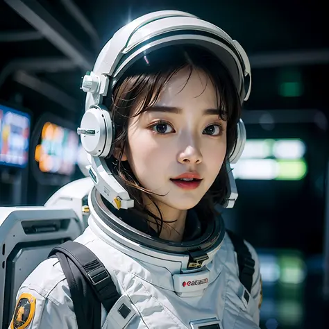 ((Night, Realistic Light, Best Quality, 8K, Masterpiece: 1.3)), (A stunning young woman in a sleek and form-fitting spacesuit, f...