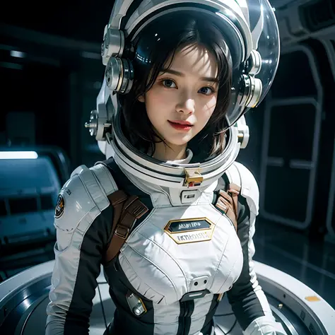 ((Night, Realistic Light, Best Quality, 8K, Masterpiece: 1.3)), (A stunning young woman in a sleek and form-fitting spacesuit, f...