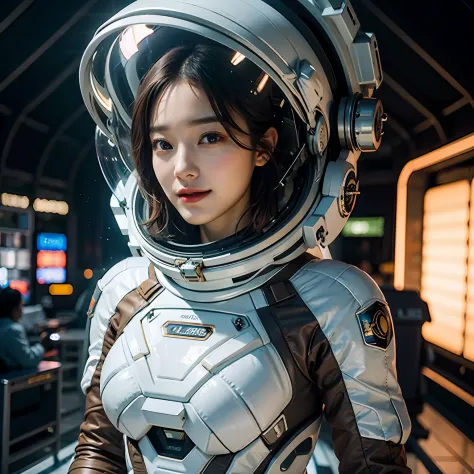 ((Night, Realistic Light, Best Quality, 8K, Masterpiece: 1.3)), (A stunning young woman in a sleek and form-fitting spacesuit, f...