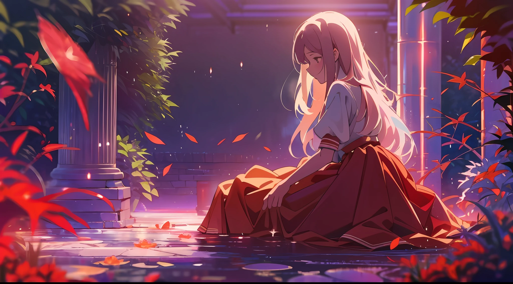 hyper HD, Masterpiece, High details, High quality, Best quality, 8K,The Garden of Words,1 girl,Solo,full body, (red long skirt:1.2), (Eau:1.2), (inverted image:1.2), long whitr hair, Shy, Cinematic lighting, Ray tracing