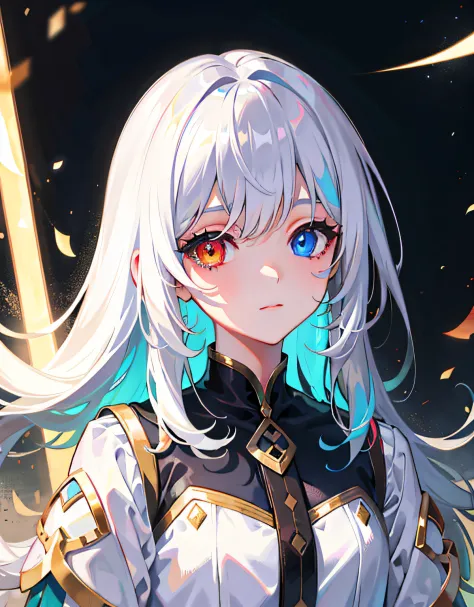 {{Masterpiece}}，Best quality at best，Very detailed CG unity 8K wallpaper，电影灯光，lens flare glow，beatiful detailed eyes，black in color，side looking，multicolour hair，Colorful light，particulate，Heterochromia，（a color：1.5），（The color hair:1.5)