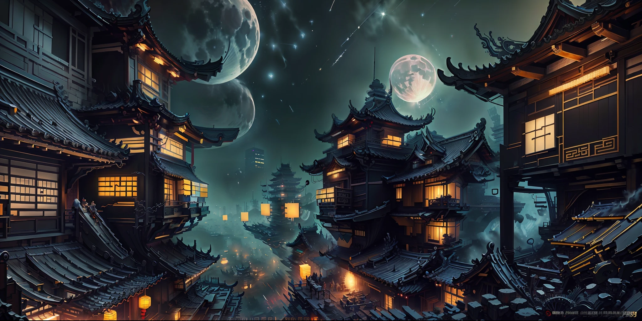 Ancient China, Chang'an, Tang Dynasty, open view, row upon row of ancient Chinese buildings, wide streets on both sides. fireworks falling like meteors, a huge moon in the night sky, a fashion trend on artstation, with a realistic and fantasy art style, rich and detailed genre paintings, dark gold and black, Chinese punk, graphic de