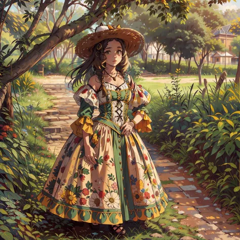 "(menina:1.5) em uma paisagem serena, wearing a vintage sixteenth-century dress, posando sozinha."