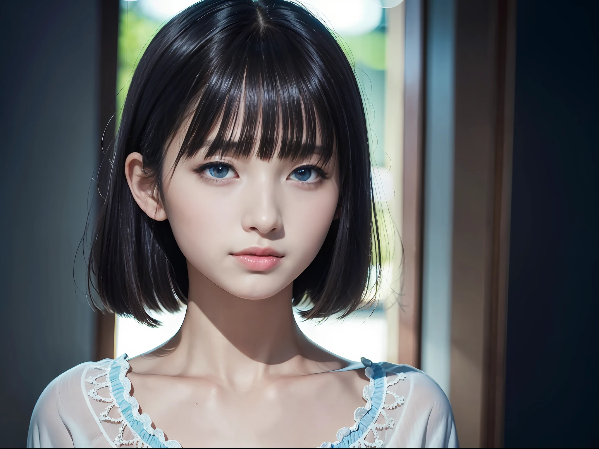 8K, Best Quality, 1girl, Masterpiece,8K, (Night, Upper Body:1.5),Withdrawn Camera POV, 15 years old,Beautiful girl,Expressionless,Look at the front,(More bangs:1.5),White blouse, (Shorts:1.1), (Bob-cut hair:1.2) , (Closed mouth:1.2, Blue eyes, High nose, Beautiful sharp face) ,(Wonderfully beautiful eyes:1.4) ,No makeup, Dark atmosphere ,Dismal,Perspective, Depth of Field, Ultra Realistic, High Resolution, Photography, Sharp Focus, HDR, Face Light, Dynamic Lighting, Maximum Detail, Extreme Detail, Ultra Detail, Detail, Real Skin, Delicate Facial Features
