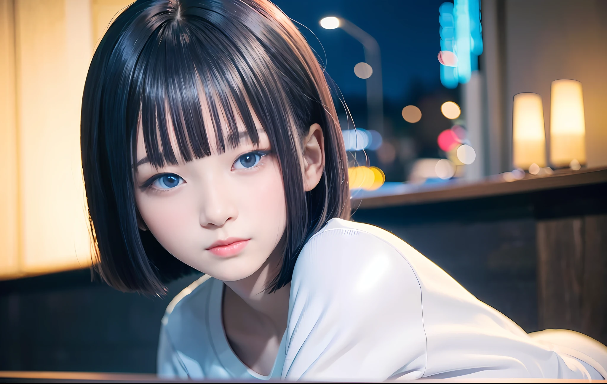 8K, Best Quality, 1girl, Masterpiece,8K, (Darkness:1.4), (Night, Full Body:1.5),Japan Beauty, 18 years old,Beautiful Woman,Expressionless,Look Forward,(Bangs:1.5),White Blouse, (Shorts:1.4), (Bob-Cut Hair:1.2) , (Closed Mouth:1.2, Blue Eyes, High Nose, Beautiful Sharp Face),(Wonderfully Beautiful Eyes:1.4) ,No makeup, Perspective, depth of field, ultra-realistic, high resolution, photography, sharp focus, HDR, face light, dynamic lighting, maximum detail, extreme detail, ultra detail, detail, real skin, delicate facial features