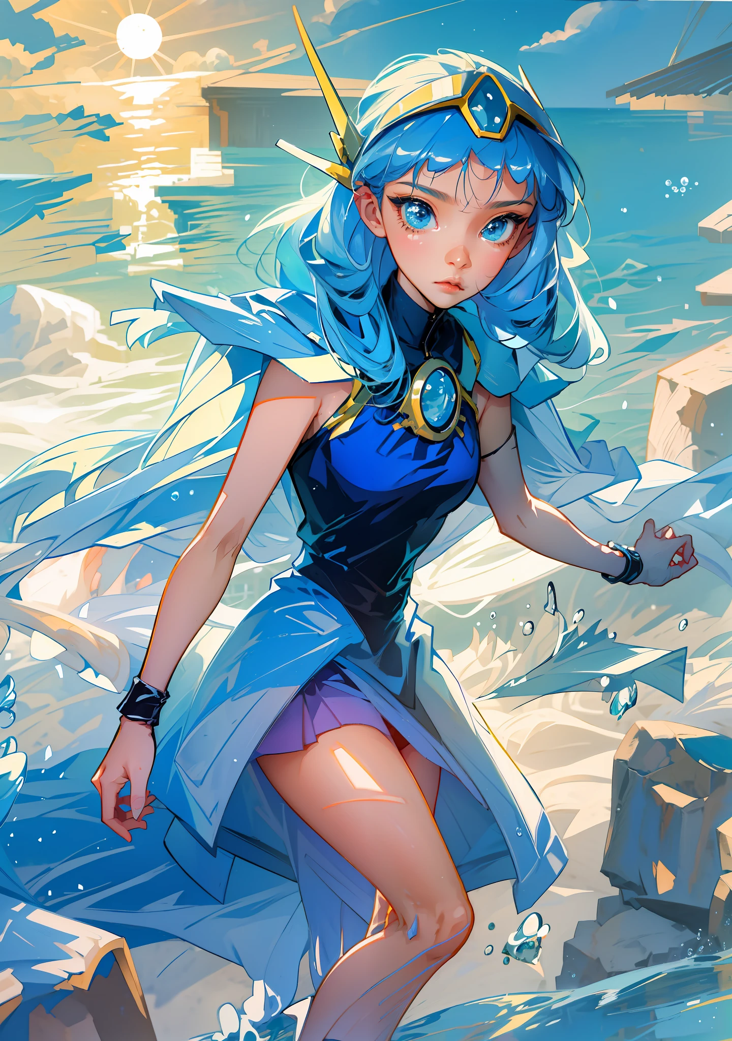 Estúdio de grampos, a woman in a blue uniform is standing in the água, água, Umi Ryuzaki, cavaleiro mágico rayearth, Ondas do oceano, Bolhas, mar, azul claro, uniforme escolar, Estilo de braçadeira, Arte oficial do anime, Estilo CLAMP, anime de grampo, água splash