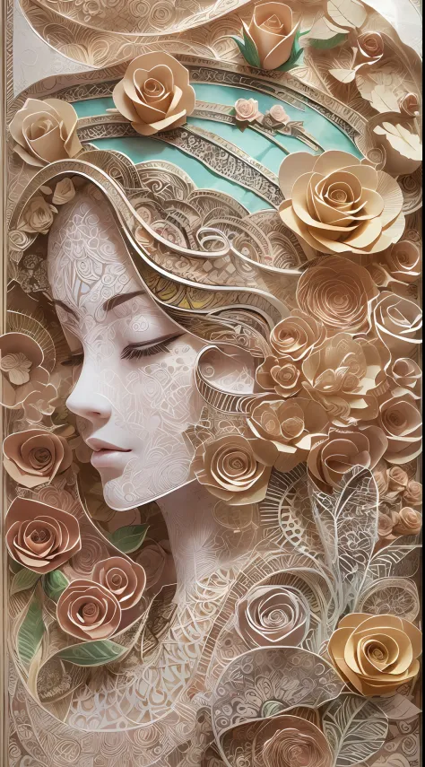 (illustration:1.3),paper art, zentangle，3D rendering，Spring，(Beauty side face,close eyes:1.3)，(roses:1.2), Colorful, Best quality, Detailed details, Masterpiece, offcial art, Cinematic lighting effects, 4K,