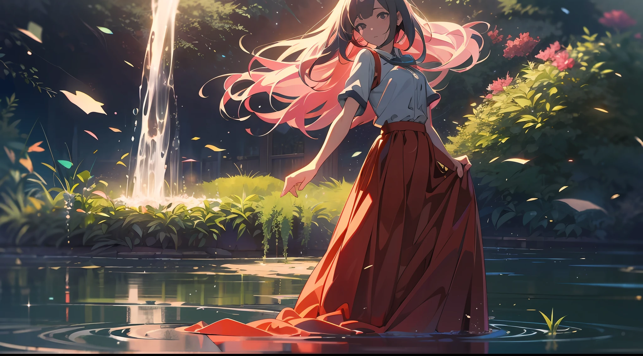 hyper HD, Masterpiece, High details, High quality, Best quality, 8K,The Garden of Words,1 girl,Solo,full body, (red long skirt:1.2), skirt lift,(Eau:1.2), (inverted image:1.2), long whitr hair, water,reflection,Shy, Cinematic lighting, Ray tracing