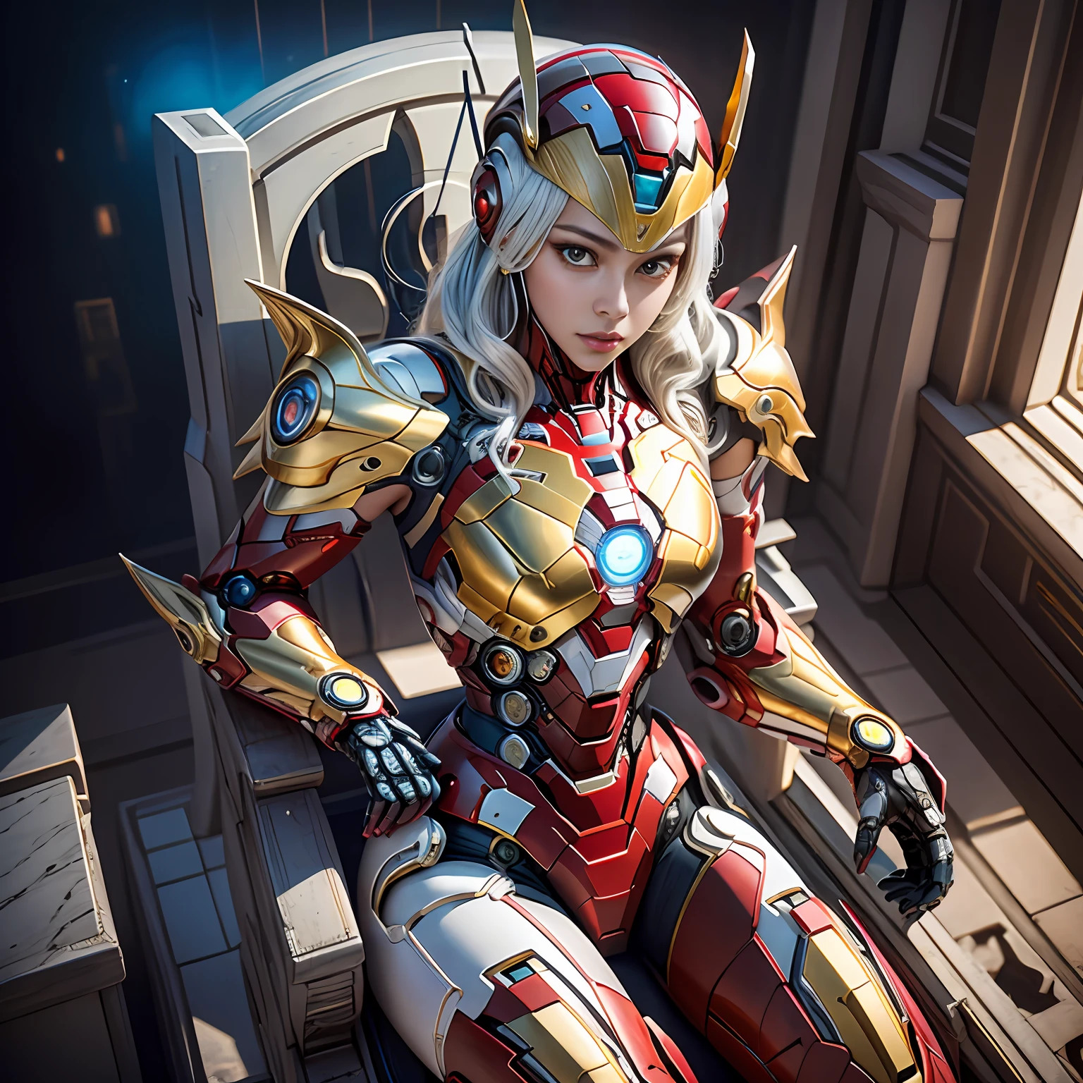 Cyberpunk style mecha Marvel Movie Iron Man Saint Seiya Kamen Rider Queen sitting on throne, ancient technology, ancient legends, white hair (white stockings: 1.5) (Throne: 1.4), sword, (mecha God of War), Egyptian style, (Saint Seiya: 1.7), Taoist symbols, (dragon pattern: 1.6), (gold thread: 1.5) ultra-realistic, Boca effect, shot in the style of David La Chapelle, bioluminescent palette: lilac, pale gold, bright white, ultra-fine, cinematic still life, vibrancy, Unrealistic engine style, Sakimichan, lower chest, perfect eyes, highest image quality 16K, inspired by Harry Winston, shot on Canon EOS R 6, masterpiece, --Chaos 50, gray hair, crown, mole under the eyes, gitchham, wide angle, canon, from above, projection illustration, ray tracing, surrealism, textured skin