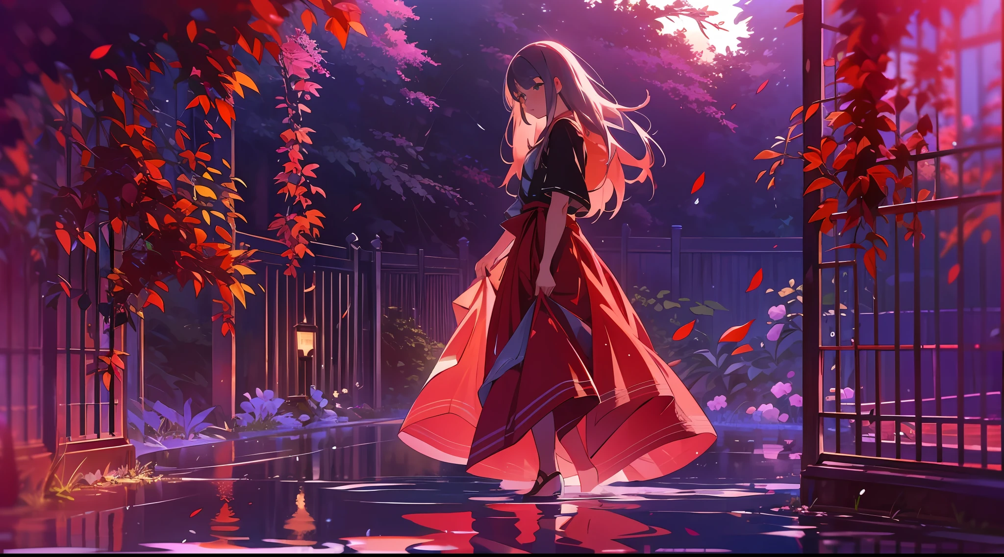 hyper HD, Masterpiece, High details, High quality, Best quality, 8K,The Garden of Words,1 girl,Solo,full body, (red long skirt:1.2), skirt lift,(Eau:1.2), (inverted image:1.2), long whitr hair, water,reflection,Shy, Cinematic lighting, Ray tracing