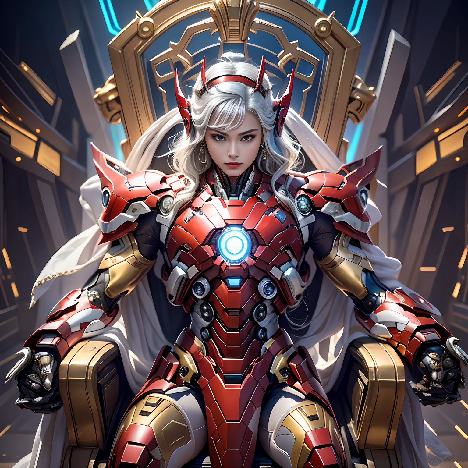 Cyberpunk style mecha Marvel Movie Iron Man 圣斗士 Kamen Rider Queen sitting on throne, 古代技术, 古老传说, 白色的头发 (白色丝袜: 1.5) (王座: 1.4), 剑, (机甲战神), 埃及风格, (圣斗士: 1.7), 道教符号, (龍的圖案: 1.6), (金线: 1.5) 超逼真, 博卡效应, 以 David La Chapelle 的风格拍摄, 生物发光调色板: 紫丁香, 淡金色, 明亮的白色, 超细, 电影静物, 活力, 不切实际的引擎风格, 萨基米昌, 下胸部, 完美的眼睛, 最高画质16K, 灵感源自 Harry Winston, 使用佳能 EOS R 6 拍摄, 杰作, --混沌50, 白发, 王冠, 眼睛下面有痣, 吉奇汉姆, 广角, 佳能, 从上面, 投影插图, 光线追踪, 超现实主义, 纹理皮肤