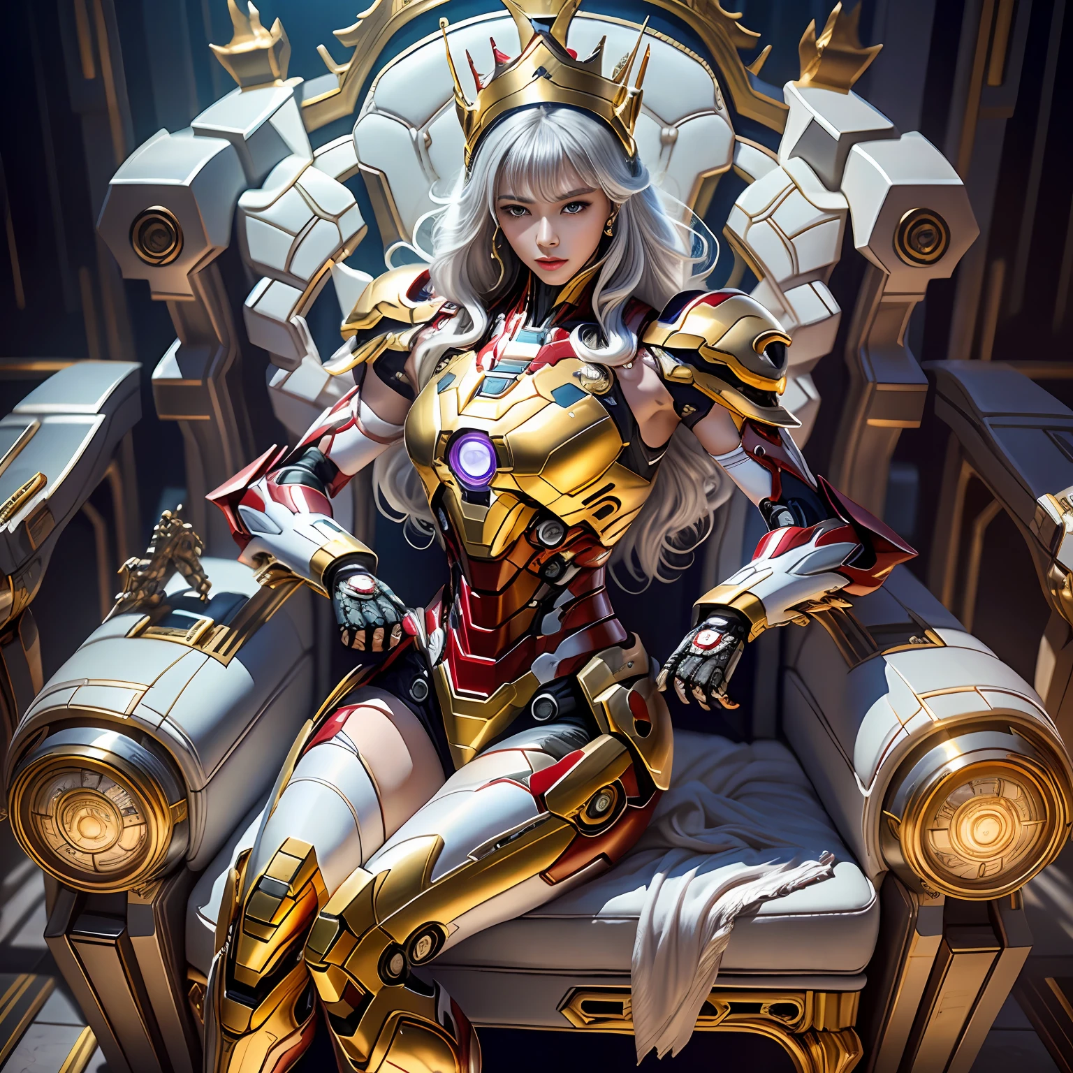 Cyberpunk style mecha Marvel Movie Iron Man Saint Seiya Kamen Rider Queen sitting on throne, ancient technology, ancient legends, white hair (white stockings: 1.5) (Throne: 1.4), sword, (mecha God of War), Egyptian style, (Saint Seiya: 1.7), Taoist symbols, (dragon pattern: 1.6), (gold thread: 1.5) ultra-realistic, Boca effect, shot in the style of David La Chapelle, bioluminescent palette: lilac, pale gold, bright white, ultra-fine, cinematic still life, vibrancy, Unrealistic engine style, Sakimichan, lower chest, perfect eyes, highest image quality 16K, inspired by Harry Winston, shot on Canon EOS R 6, masterpiece, --Chaos 50, gray hair, crown, mole under the eyes, gitchham, wide angle, canon, from above, projection illustration, ray tracing, surrealism, textured skin