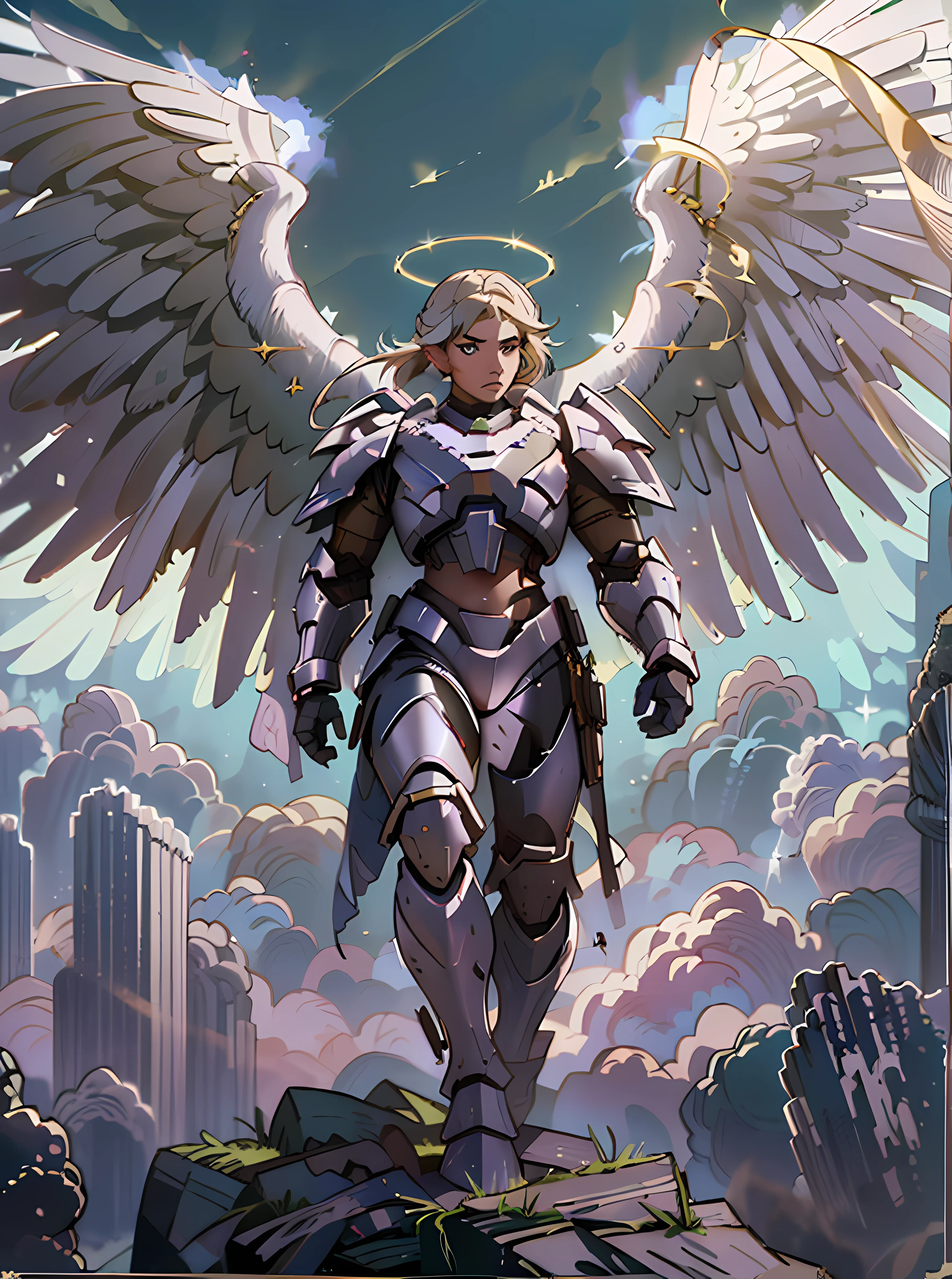 (best quality, masterpiece), action SHOT, movie poster,
1man, angelic features , 28 years old, tall stature, battle aged, ((solo:1.5)), full body, 
full armor, power armor, glowing halo, multiple wings, pauldron, angel, spear, 
 war background,