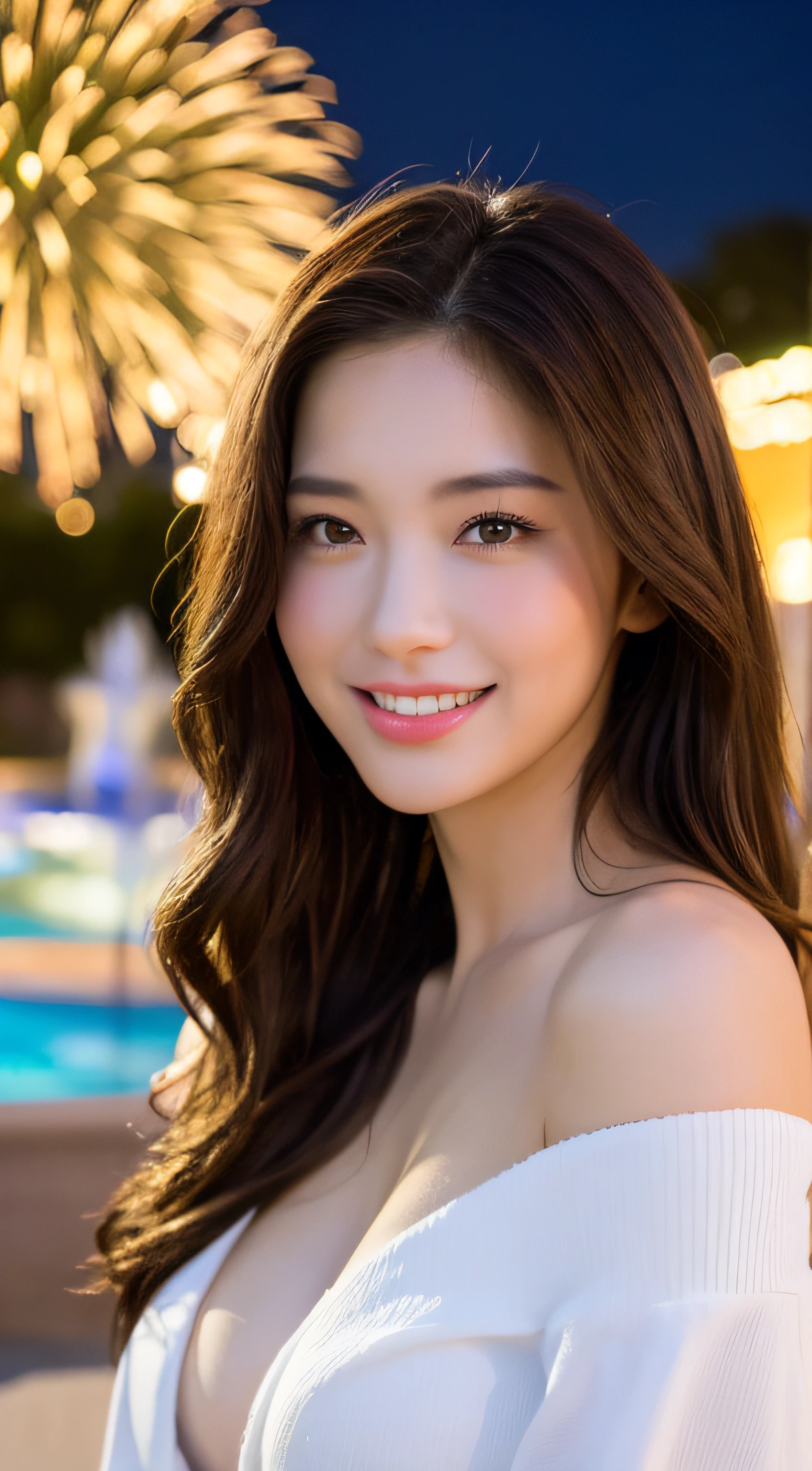 ((Night Scene, Realistic Light, Best Quality, 8k, Masterpiece: 1.3)), 1 Girl, Slim Body Beauty: 1.4, Brown Hair, (Big: 1.3), Off Shoulder Cut Top: 1.3, Ultra Detailed Face, Detailed Eyes, Double Eyelids, Disneyland, Fountain, Castle, Fireworks, Smile, Cleavage, Saggy