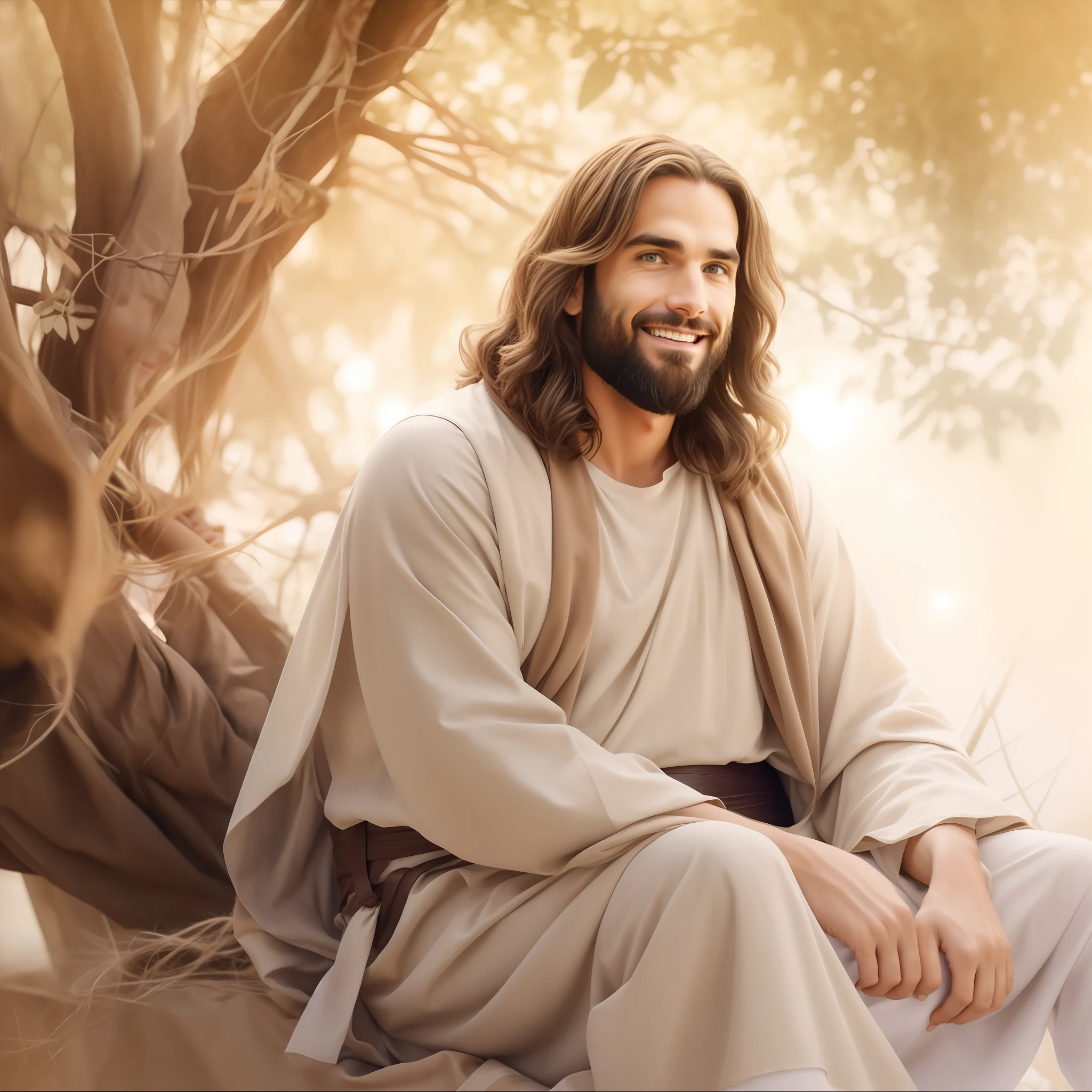 Seth Rollins como Jesus Cristo, sorrindo e feliz, wearing tunic, focar nos detalhes do rosto, cabelo escuro preto, semelhante ao seth rollins, wearing the long beige tunic of Jesus, Biblical style of Jesus, imagem realista, fundo da imagem preto escuro , melhor qualidade, 8k, focar nos detalhes.