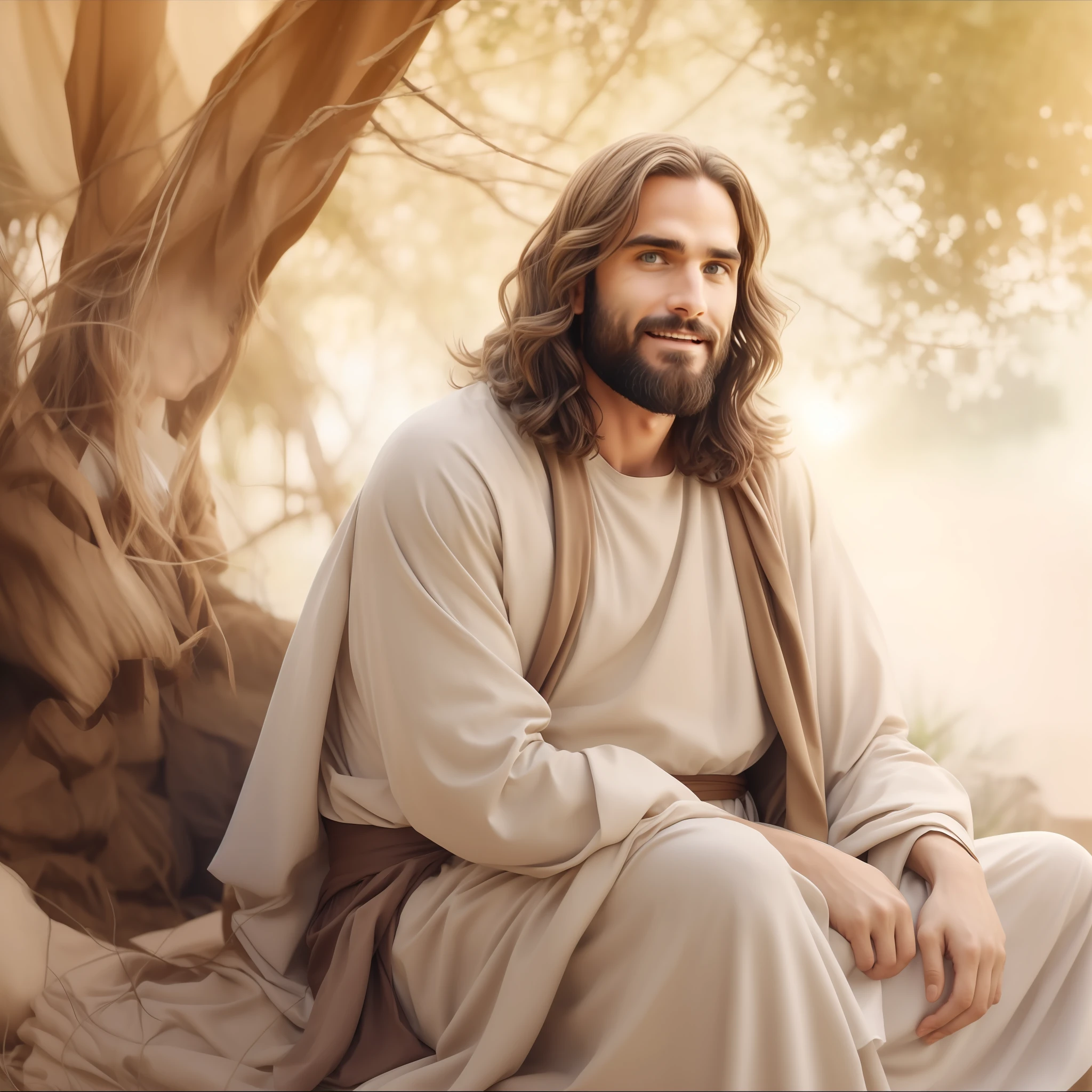 Seth Rollins como Jesus Cristo, sorrindo e feliz, wearing tunic, focar nos detalhes do rosto, cabelo escuro preto, semelhante ao seth rollins, wearing the long beige tunic of Jesus, Biblical style of Jesus, imagem realista, fundo da imagem preto escuro , melhor qualidade, 8k, focar nos detalhes.