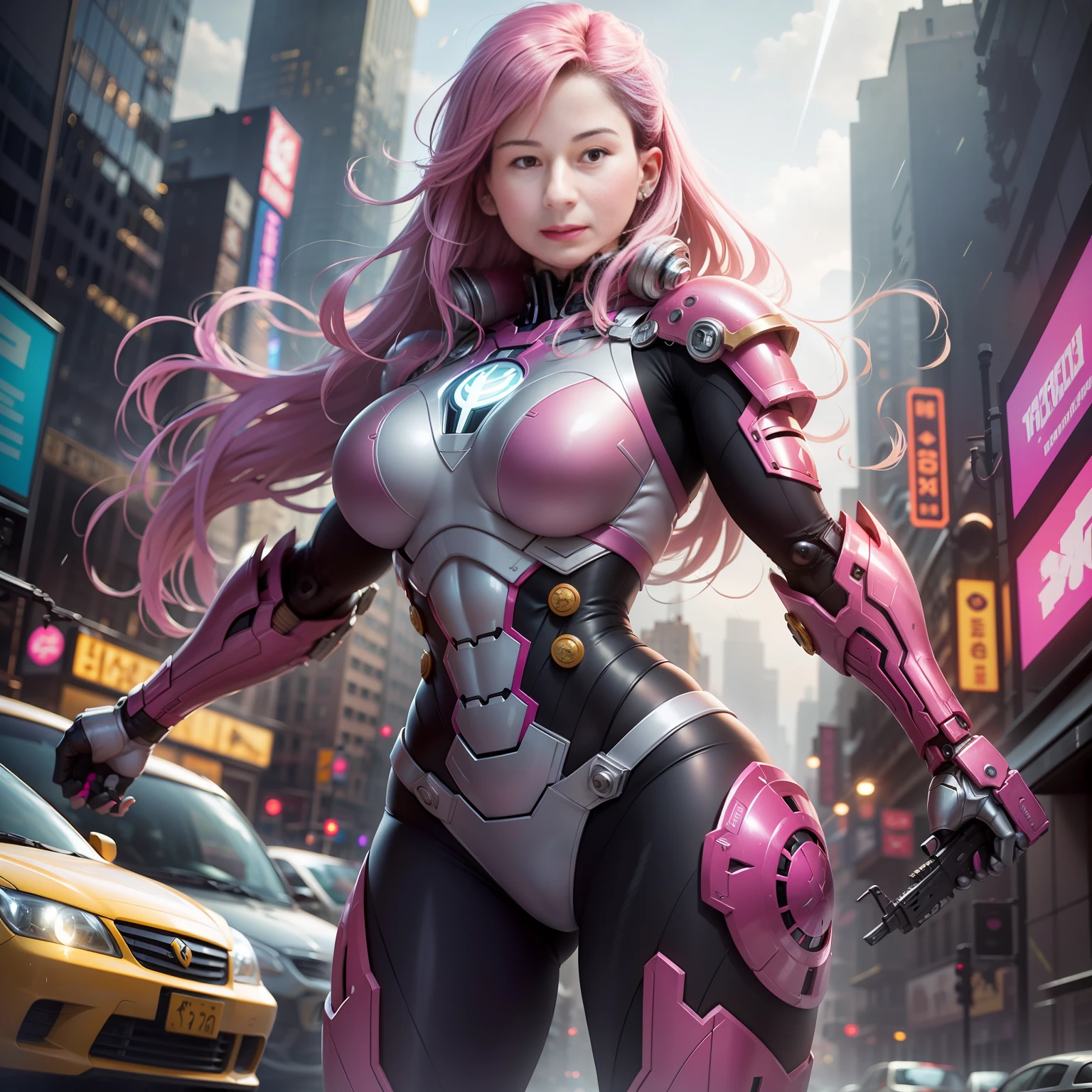 hot pink, (hulkbuster big armor), stormy day, new york city times forget , fantasy, cyberpunk, (weapon, gun girl, ultra bright pink: 1.1), 1girl, mechanical marvel, robotic presence, cybernetic guardian, frayed wear , intricate , Mechanic Suit (Steel [bright] Metal), Elegant, Clear Focus, Filmed by Greg Rutkowski, soft lighting, vibrant colors, masterpiece, ((street)), pretty girl, strong girl, muscular girl, long hair whites, dynamic pose,